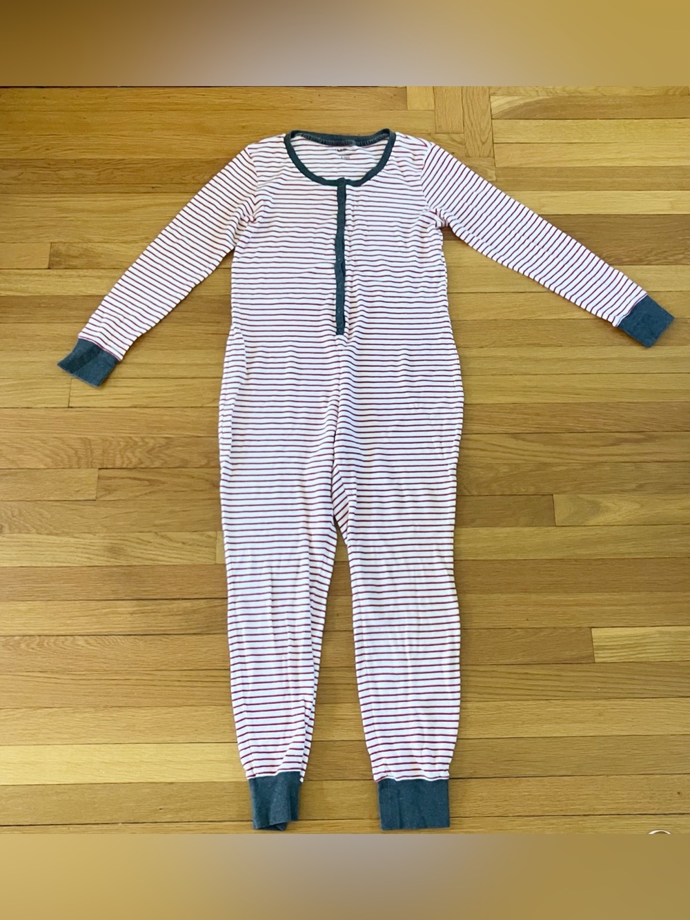 L.L. Bean Red White Stripe Cotton Christmas One Piece Union Suit Pajamas Small